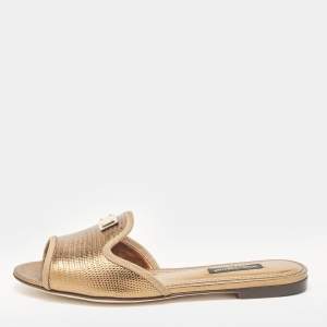 Pre Owned Dolce & Gabbana Bronze Lizard Embossed Leather Sofia Slide Sandals Size 35