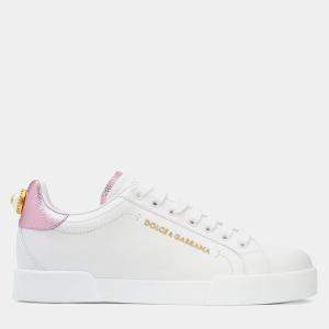 Dolce & Gabbana White Metallic Pink Pearl Portofino Sneaker 37