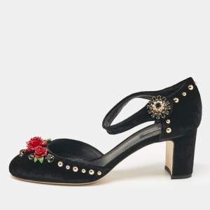 Pre Owned Dolce & Gabbana Black Velvet Studded and Rose Embellished Ankle Strap Pumps Size 41
