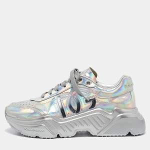 Pre Owned Dolce & Gabbana Iridescent Leather DG Logo Lace Up Sneakers Size 40