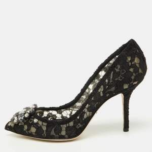 Dolce & Gabbana Black Lace Bellucci Pointed Toe Pumps Size 38.5