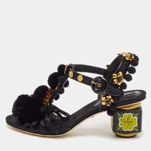 Dolce & Gabbana Black Fabric and Raffia Pom Pom Embellished T-Strap Sandals Size 35