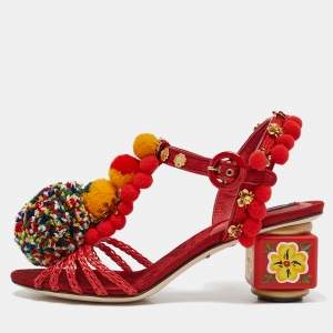 Dolce & Gabbana Red Fabric and Raffia Pom Pom Embellished T-Strap Sandals Size 35