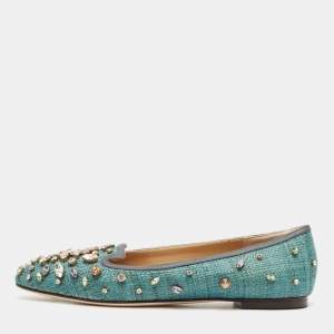 Pre Owned Dolce & Gabbana Green Raffia Crystal Embellished Ballet Flats Size 36