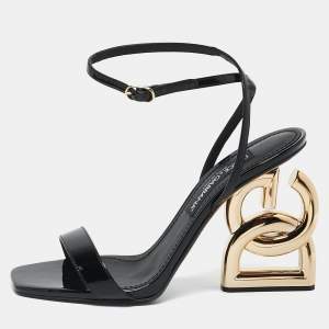 Dolce & Gabbana Black Patent Leather DG Logo Ankle Strap Sandals Size 40