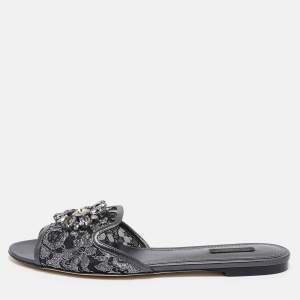 Dolce & Gabbana Black Lace Bianca Flat Slides Size 42
