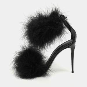 Dolce & Gabbana Black Patent Leather and Turkey Feather Ankle Strap Sandals Size 36