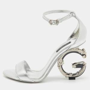 Dolce & Gabbana Silver Leather Keira Baroque DG Heel Ankle Strap Sandals Size 38