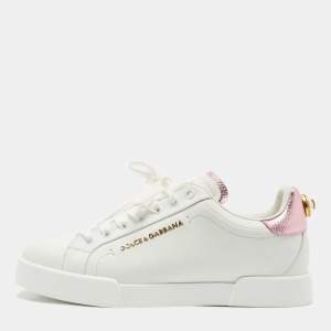 Pre Owned Dolce & Gabbana White/Pink Leather Portofino Low Top Sneakers Size 39