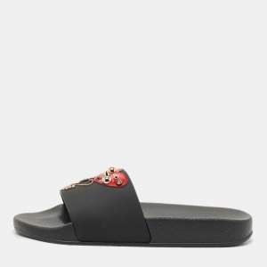 Dolce & Gabbana Black Rubber and Leather Patch Pool Slides Size 37