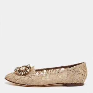 Pre Owned Dolce & Gabbana Beige Lace Taormina Crystal Ballet Flats Size 37