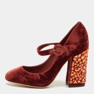 Pre Owned Dolce & Gabbana Burgundy Velvet Crystal Embellish Block Heel Pumps Size 36.5