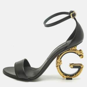 Pre Owned Dolce & Gabbana Black Leather Keira DG Baroque Sandals Size 39