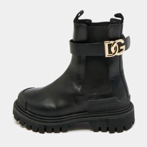 Pre Owned Dolce & Gabbana Black Leather DG Logo Combat Boots Size 37