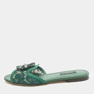 Pre Owned Dolce & Gabbana Bianca Size 36 Green Lace and Satin Flat Slide