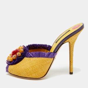 Pre Owned Dolce & Gabbana Size 36 Yellow/Purple Raffia and Straw Embellishment Mules