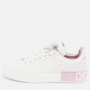 Pre Owned Dolce & Gabbana Portofino Size 38 White/Metallic Pink Leather Low Top Sneakers