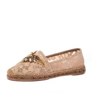 Pre Owned Dolce & Gabbana Beige Lace Embellished Espadrilles Size 38