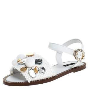 Pre Owned Dolce & Gabbana White Patent Leather And Raffia Pom Pom Crystal Embellished Flat Sandals Size 37.5