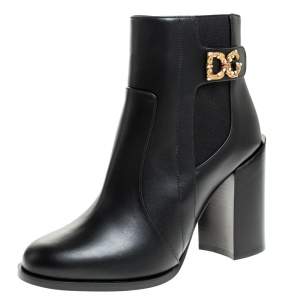 Pre Owned Dolce & Gabbana Black Leather Logo Detail Ankle Boots Size 39