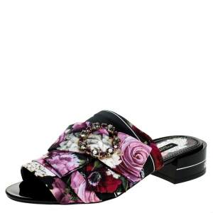 Pre Owned Dolce & Gabbana Multicolor Floral Printed Fabric Crystal Embellished Bow Open Toe Flat Mules Size 38