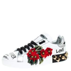 Pre Owned  Dolce and Gabbana White Leather Portofino Flower Embellished Low Top Sneakers Size 36