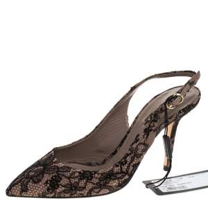 Pre Owned Dolce & Gabbana Beige Suede And Black Chantilly Lace Bellucci Slingback Sandals Size 39