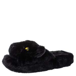 Dolce and Gabbana Black Faux Fur Panther Plush Flat Slides Size 40
