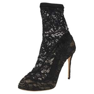 Dolce & Gabbana Black Stretch Lace Pointed Toe Ankle Booties Size 40.5
