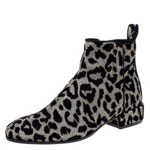 Dolce & Gabbana Black/Silver Animal Print Lurex and Velvet Ankle Boots Size 37