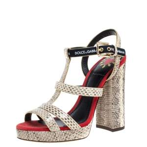 Pre Owned Dolce & Gabbana Beige Snakesking DG Logo Platfom Sandals Size 36