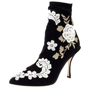 Dolce & Gabbana Black Jersey Flower Embroidered Stretch Booties Size 37