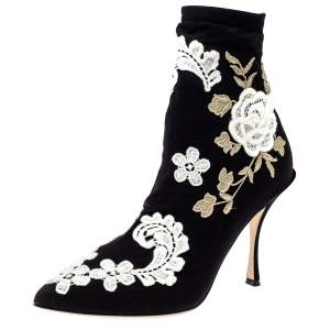 Pre Owned Dolce & Gabbana Black Jersey Flower Embroidered Stretch Booties Size 39