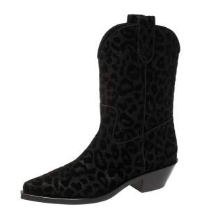 Dolce & Gabbana Black Animal Print Lurex and Velvet Cowboy Boots Size 40