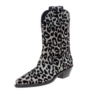 Dolce & Gabbana Black/Silver Animal Print Lurex and Velvet Cowboy Boots Size 39.5