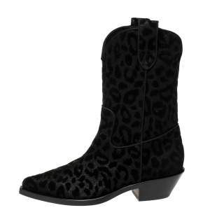 Dolce & Gabbana Black Animal Print Lurex and Velvet Cowboy Boots Size 38