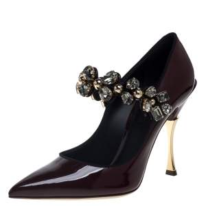 Dolce & Gabbana Burgundy Patent Leather Mary Jane Crystal Embellished Pumps Size 37