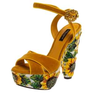 Pre Owned Dolce & Gabbana Yellow Sunflower Print Velvet Platform Sandals Size 36