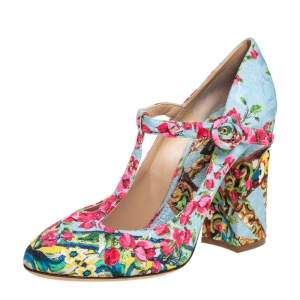 مملوكة مسبقًا Dolce & Gabbana Blue Floral Print Fabric T-Strap Pumps Size 40