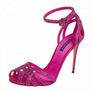 مملوكة مسبقًا Dolce & Gabbana Pink Satin Crystal Embellished Ankle Strap Sandals Size 38