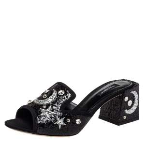 Dolce & Gabbana Black Glitter Bianca Star And Moon Embellished Slide Sandals Size 38