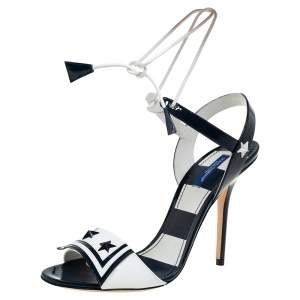 Pre Owned Dolce & Gabbana White/Navy Blue Patent Leather Keira Ankle Tie Sandals Size 39