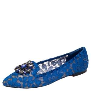 Pre Owned Dolce & Gabbana Blue Lace Taormina Ballet Flats Size 39