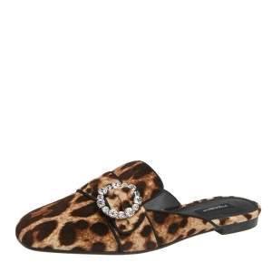 Pre Owned Dolce & Gabbana Leopard Print Velvet Crystal Embellished Mules Size 40