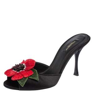 Pre Owned Dolce & Gabbana Black Satin Rose Embellished Slide Sandals Size 39