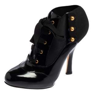 Dolce & Gabbana Black Stretch Band and Patent Leather Lace Up Ankle Booties Size 38.5