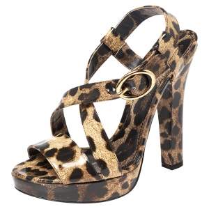Pre Owned Dolce and Gabbana Brown/Black Animal Print Patent Leather Cross Strap Platform Sandals Size 41