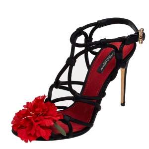 Dolce & Gabbana Black Satin Floral Strappy Sandals Size 38.5