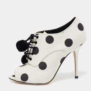 مملوكة مسبقًا Dolce & Gabbana White/Black Leather Polka Dot Peep Toe Ankle Boots Size 38.5