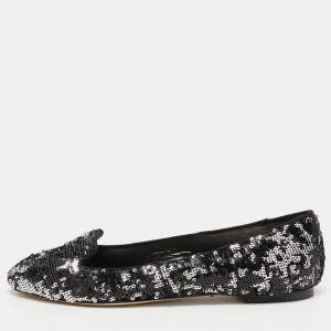 Pre Owned Dolce & Gabbana Black/Silver Sequins Smoking Slippers Size 40